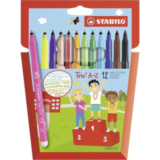 Stabilo Trio AZ Pack de 12 Rotulador de Punta Fina de Fibra - Trazo 0.7mm - Tinta Super Lavable - Forma Triangular - Colores Su