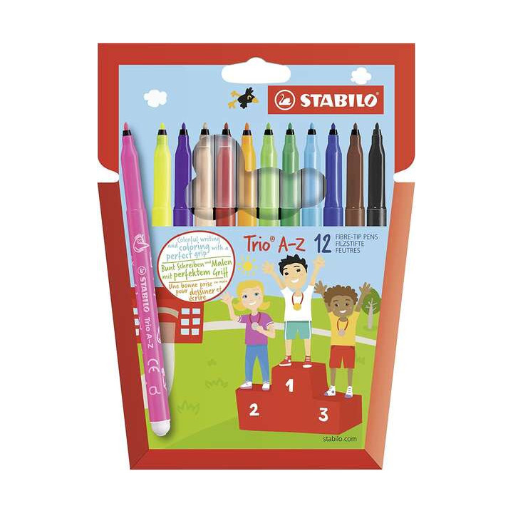 Stabilo Trio AZ Pack de 12 Rotulador de Punta Fina de Fibra - Trazo 0.7mm - Tinta Super Lavable - Forma Triangular - Colores Su