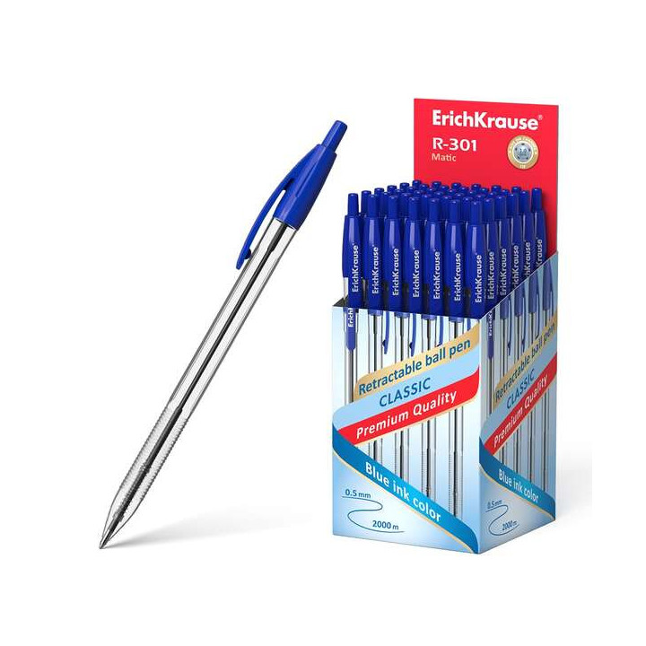 ErichKrause R-301 Matic Boligrafo Retractil Punta de Bola 1.0mm - Tinta de Secado Rapido - Cuerpo Transparente - Color Azul