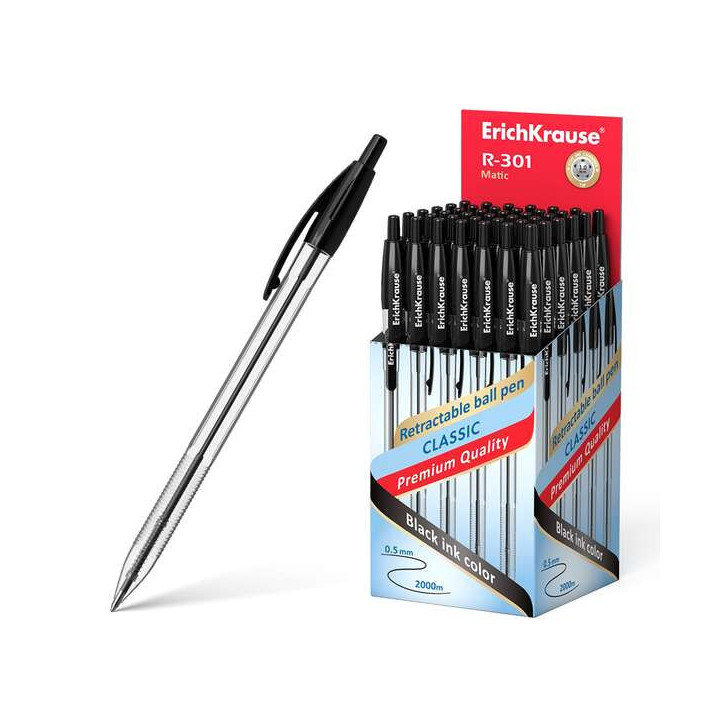 ErichKrause R-301 Matic Boligrafo Retractil Punta de Bola 1.0mm - Tinta de Secado Rapido - Cuerpo Transparente - Color Negro