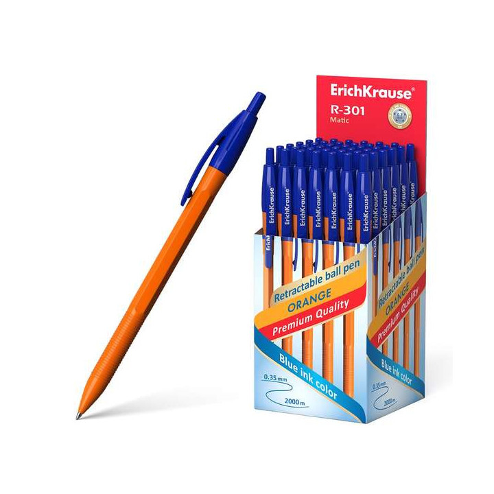 Erichkrause R-301 Naranja Matic Boligrafo Retractil Punta 0.7mm - Cuerpo Hexagonal Opaco - Tinta de Secado Rapido - Color Azul