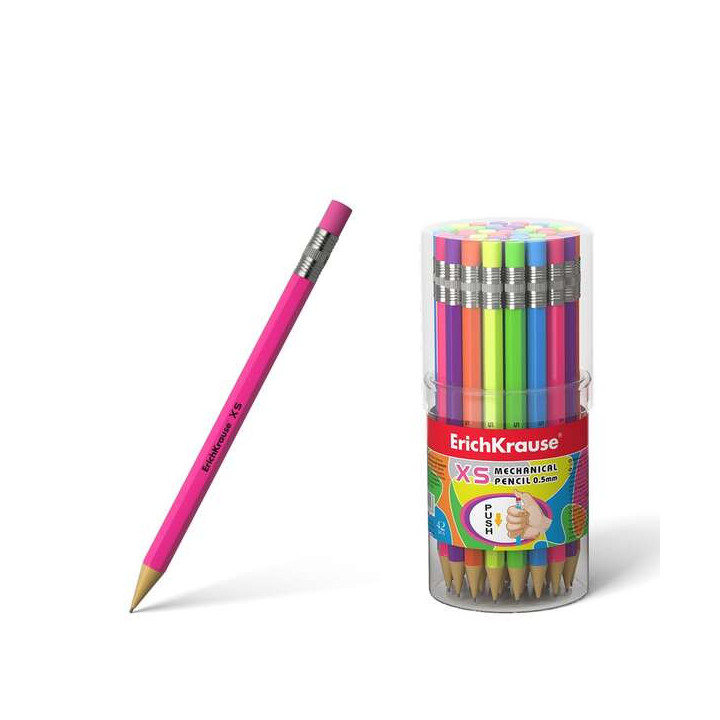 Erichkrause Portaminas Xs 05 mm - Mini-Lapiz Mecanico Hexagonal - Carcasa y Borrador en Colores Neon Brillantes - Dureza HB - M