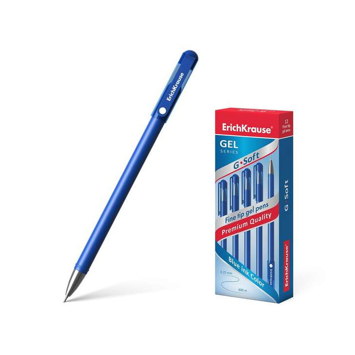 Erichkrause Boligrafo de Gel G-Soft - Revestimiento Soft Touch - Punta Fina de Tipo Aguja - Tinta de Secado Rapido - Color Azul