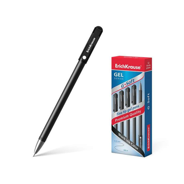 Erichkrause Boligrafo de Gel G-Soft - Revestimiento Soft Touch - Punta Fina de Tipo Aguja - Tinta de Secado Rapido - Color Negr