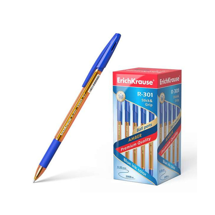 Erichkrause R-301 Amber Stick&Grip Boligrafo de Bola Punta 0.7mm - Trazo 0.35mm - Agarre con Grip de Goma - Tinta de Secado Rap