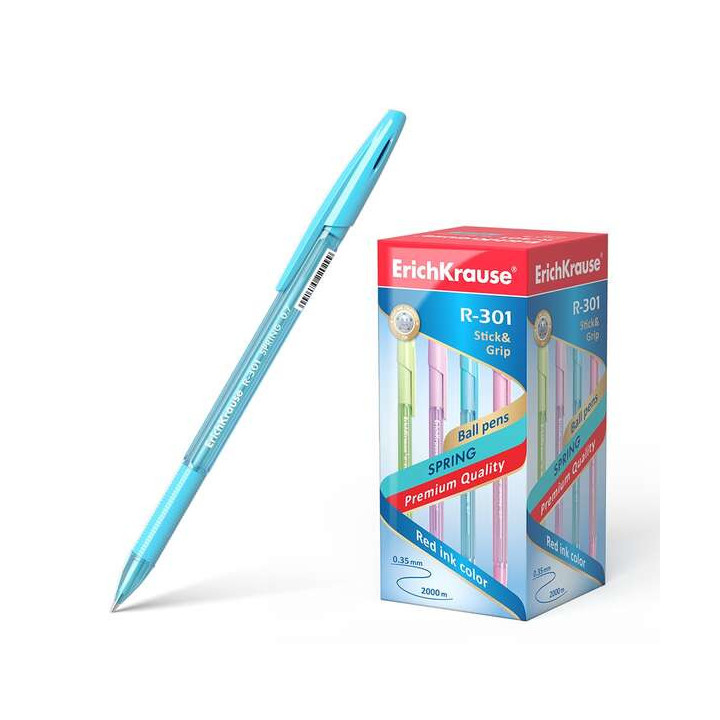 Erichkrause Boligrafo R-301 Spring Stick&Grip 0.7 - Cuerpo Hexagonal Translucido - Zona de Agarre de Goma Contorneada - Punta d