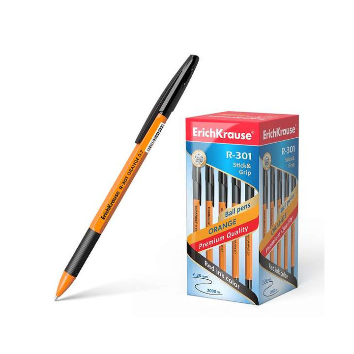 Erichkrause Boligrafo R-301 Stick&Grip 0.7 - Cuerpo Naranja con Agarre de Goma - Tinta de Secado Rapido - Color Negro
