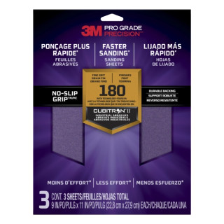 3M Pro Grade Precision Pack de 3 Hojas de Lijado - Grano 180 Fino - 22.8x27.9cm - Rendimiento Superior - Reduccion de Fatiga -