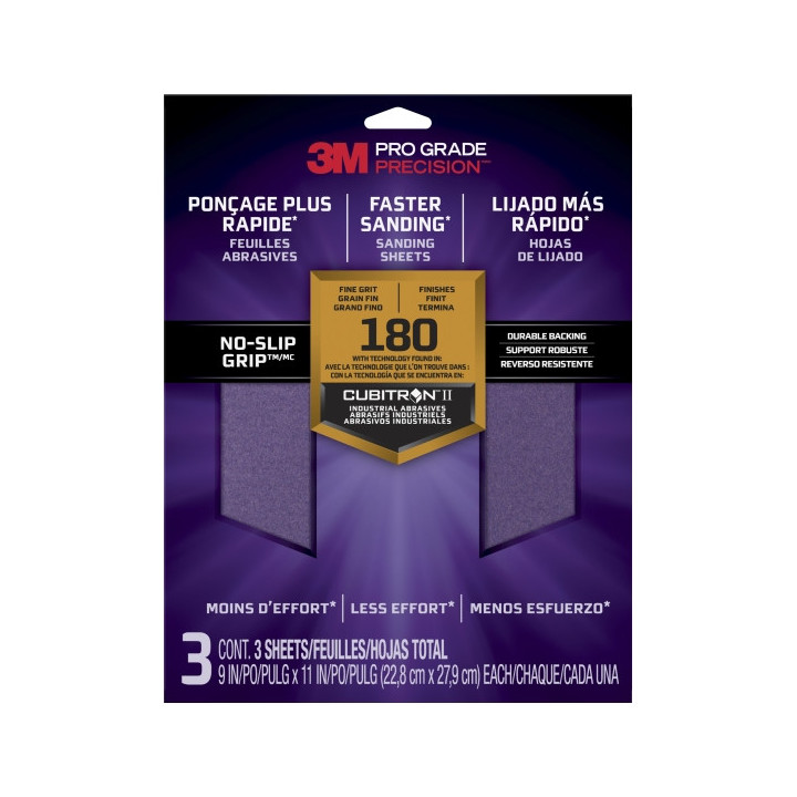 3M Pro Grade Precision Pack de 3 Hojas de Lijado - Grano 180 Fino - 22.8x27.9cm - Rendimiento Superior - Reduccion de Fatiga -