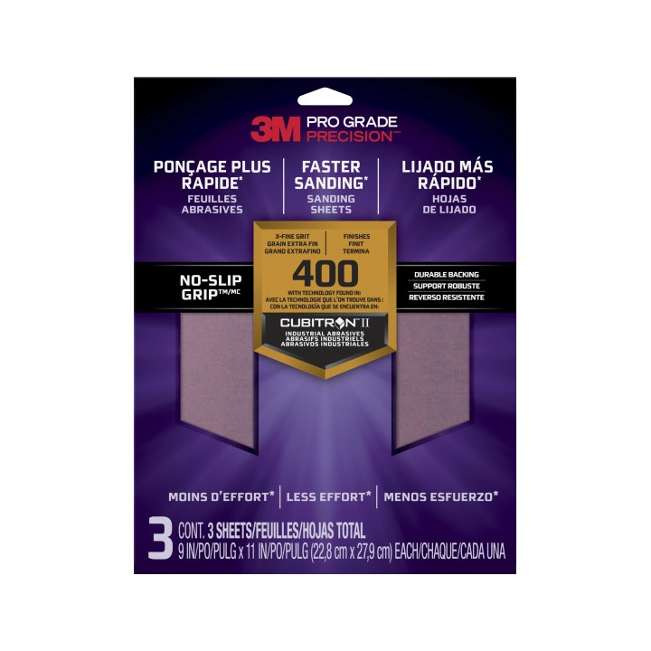3M Pro Grade Precision Pack de 3 Hojas de Lijado - Grano 400 Extrafino - 22.8x27.9cm - Rendimiento Superior - Reduccion de Fati