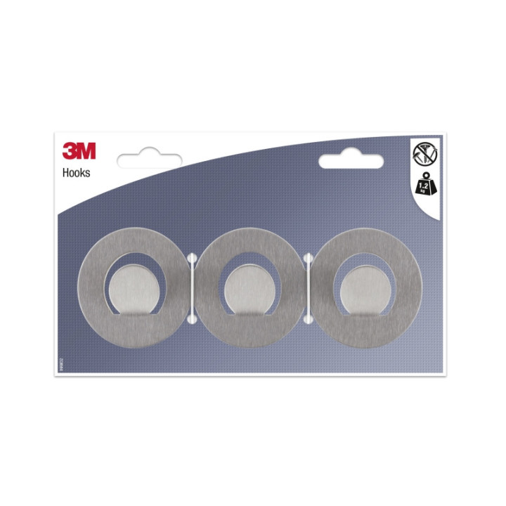 3M Ganchos Adhesivos en Barra Metalica - Barra con 3 Ganchos - Soporta hasta 1.2kg - Color Gris/Titanio