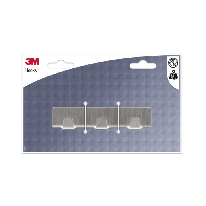 3M Gancho Adhesivo en Barra Metalica - Barra con 3 Ganchos - Soporta hasta 2.8kg - Color Gris Metalizado