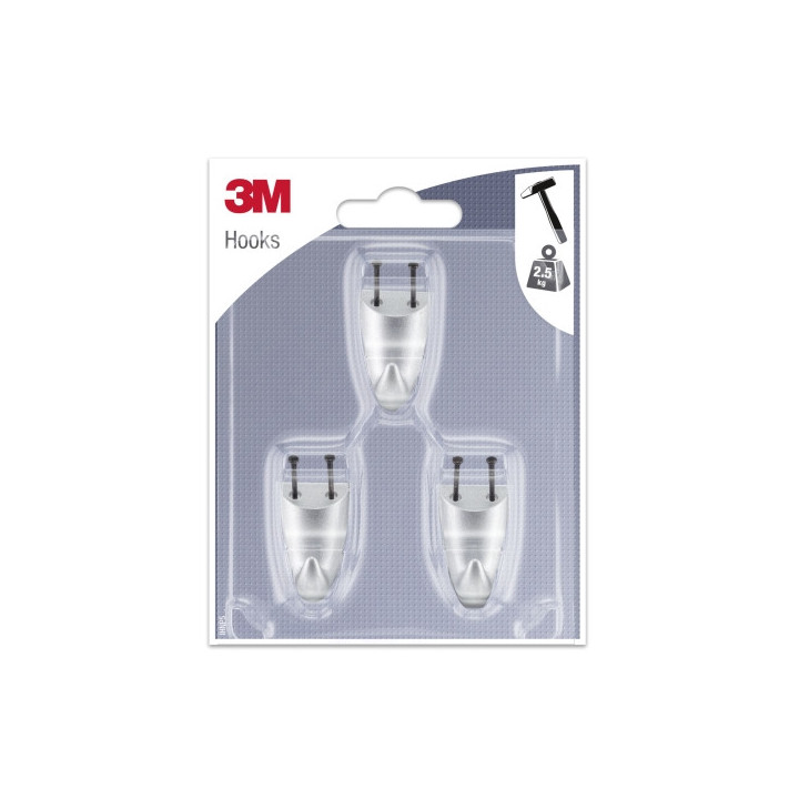 3M Pack de 3 Ganchos para Clavar - Formato S - Soporta hasta 2.5kg - Color Gris Metalizado