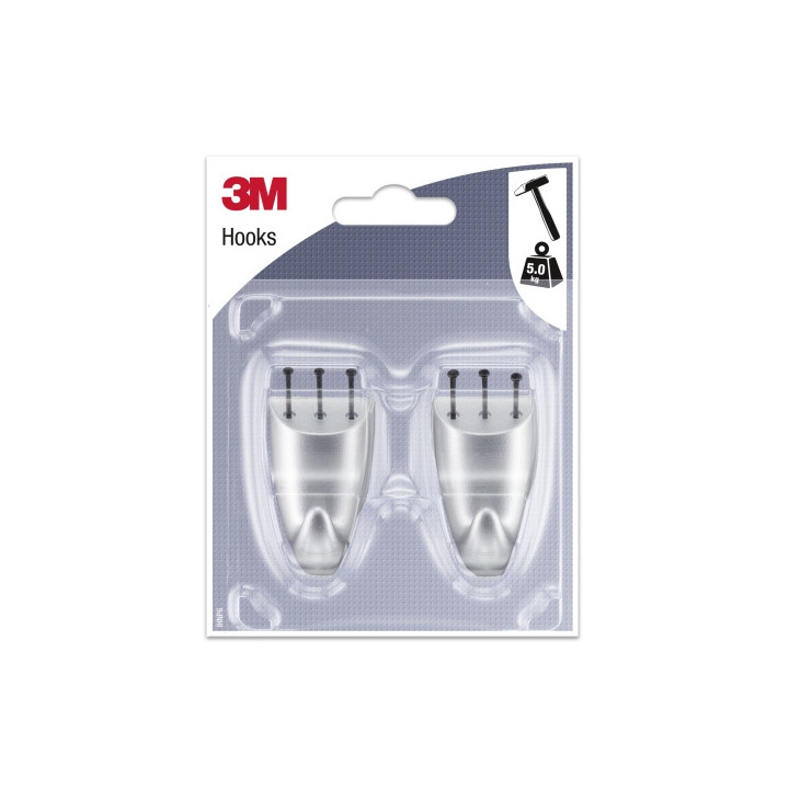 3M Pack de 2 Ganchos para Clavar - Formato M - Soporta hasta 5kg - Color Gris Metalizado