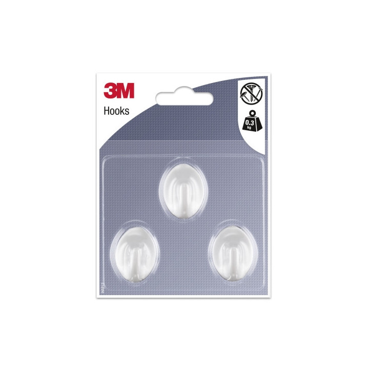 3M Pack de 3 Ganchos Adhesivos Ovalados - Formato S - Soporta hasta 0.3kg - Color Blanco