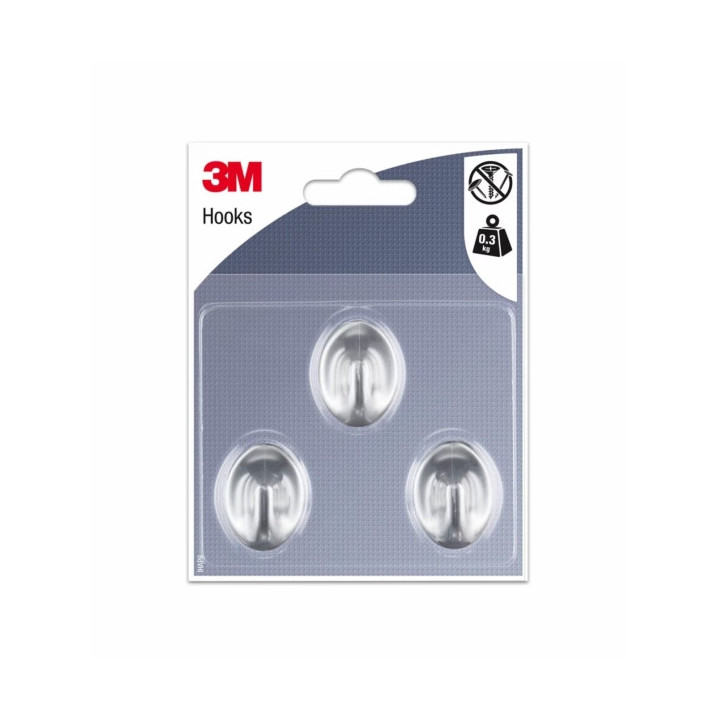 3M Pack de 3 Ganchos Adhesivos Ovalados - Formato S - Soporta hasta 0.3kg - Color Gris Metalizado