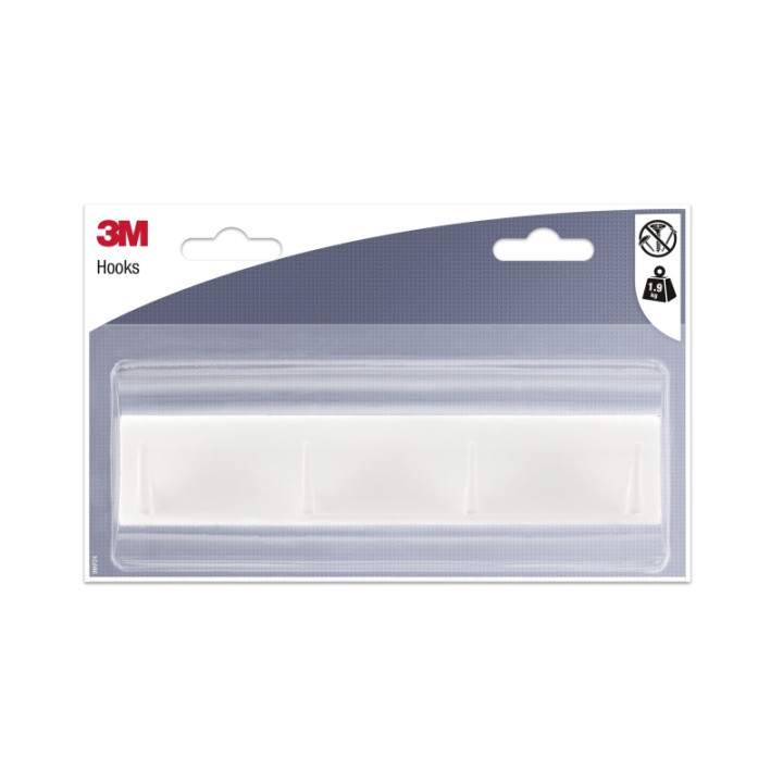 3M Ganchos Adhesivos en Barra - Barra con 4 Ganchos - Soporta hasta 1.9kg - Color Blanco