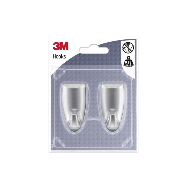 3M Pack de 2 Ganchos Adhesivos Modernos - Formato M - Soporta hasta 0.6kg - Color Gris Metalizado
