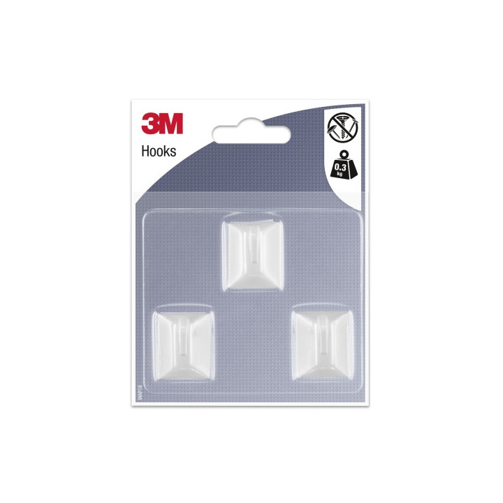 3M Pack de 3 Ganchos Adhesivos Rectangulares - Formato S - Soporta hasta 0.3kg - Color Blanco