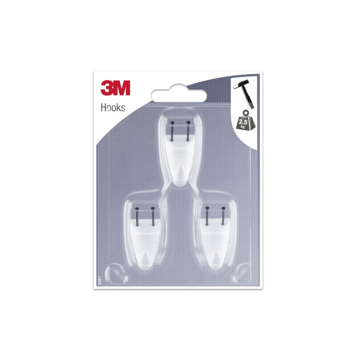 3M Pack de 3 Ganchos para Clavar - Formato S - Soporta hasta 2.5kg - Color Blanco