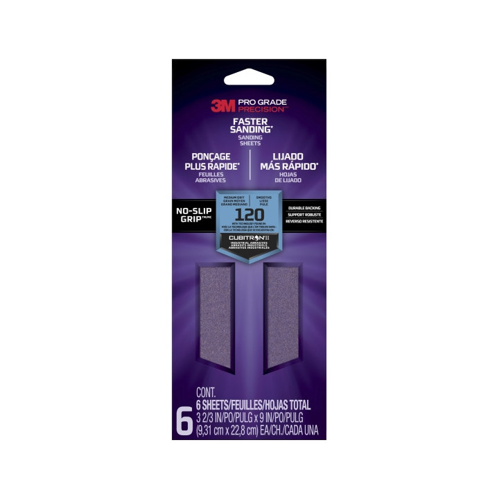 3M Pro Grade Precision Faster Pack de 6 Hojas de Lijado - Grano 120 Mediano - 9.31x22.8cm - Rendimiento Superior - Reduccion de