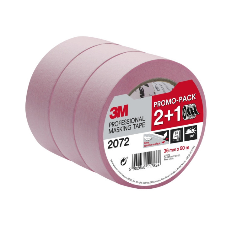 3M Pack de 3 Cintas de Enmascarar para Superficies Delicadas - 36mm x 50m - Promocion 2 + 1 Gratis - Color Rosa