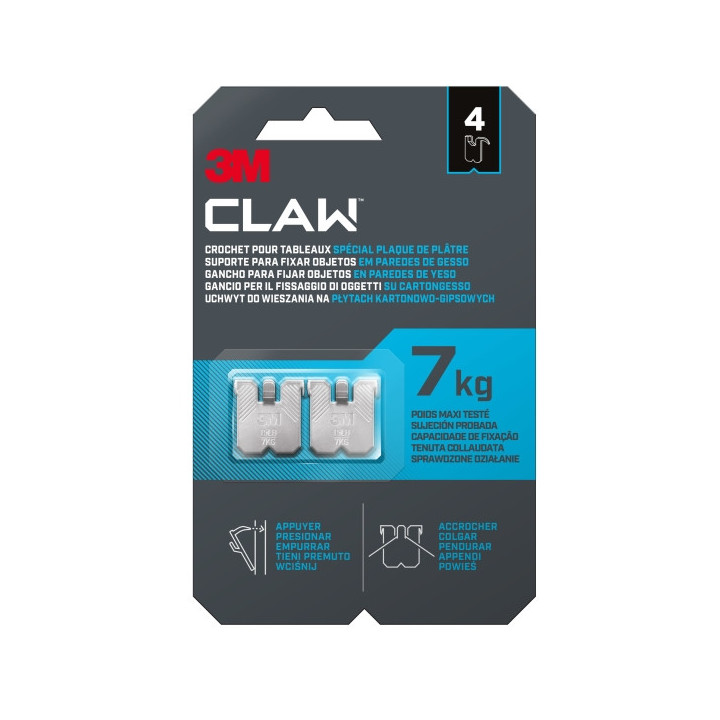 3M Claw Pack de 4 Ganchos de Metal para Paredes de Yeso - Soporta hasta 7kg - Color Gris/Titanio