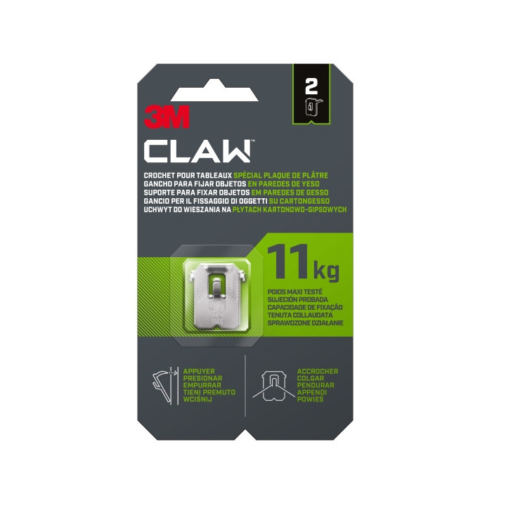 3M Claw Pack de 2 Ganchos de Metal para Paredes de Yeso - Soporta hasta 11kg - Color Gris/Titanio