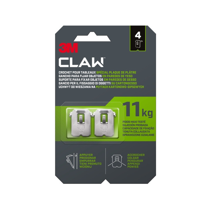 3M Claw Pack de 4 Ganchos de Metal para Paredes de Yeso - Soporta hasta 11kg - Color Gris/Titanio