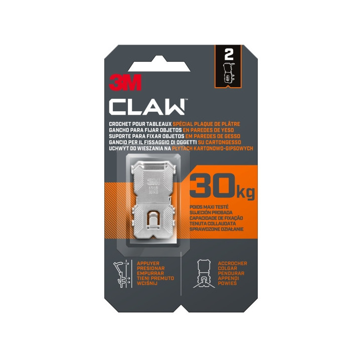3M Claw Pack de 2 Ganchos de Metal para Paredes de Yeso - Soporta hasta 30kg - Color Gris/Titanio