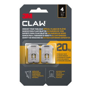3M Claw Pack de 4 Ganchos de Metal para Paredes de Yeso - Soporta hasta 20kg - Color Gris/Titanio