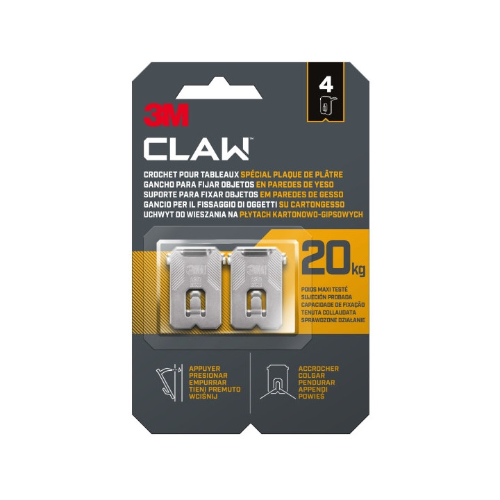 3M Claw Pack de 4 Ganchos de Metal para Paredes de Yeso - Soporta hasta 20kg - Color Gris/Titanio