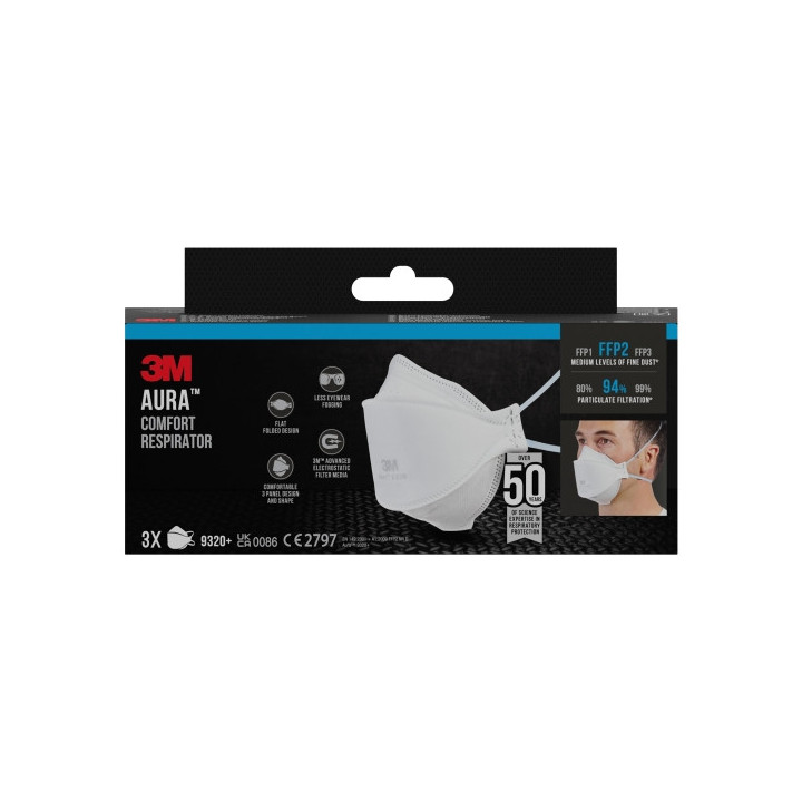 3M Aura Pack de 3 Mascarillas para Particulas FFP2 - Desechable - Sin Valvula - para Niveles Medios de Particulas - Color Blanc