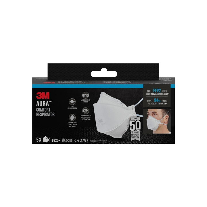 3M Aura Pack de 5 Mascarillas para Particulas FFP2 - Desechable - Sin Valvula - para Niveles Medios de Particulas - Color Blanc