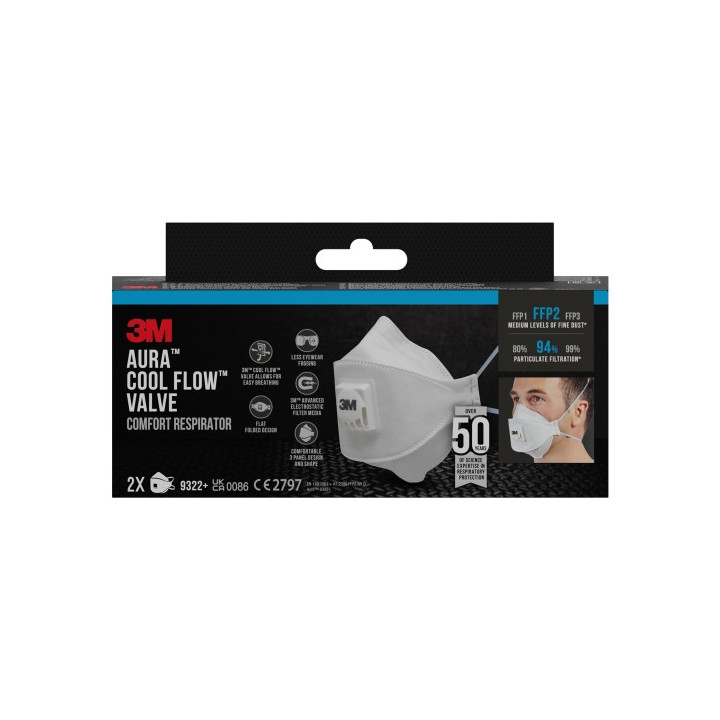 3M Aura Comfort Cool Flow Pack de 2 Mascarillas para Particulas FFP2 - Desechable - con Valvula - para Niveles Medios de Partic
