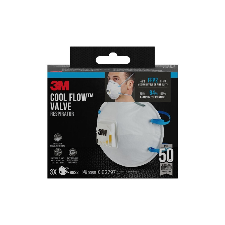 3M Cool Flow Pack de 3 Mascarillas para Particulas FFP2 - Desechable - con Valvula - para Niveles Medios de Particulas - Color