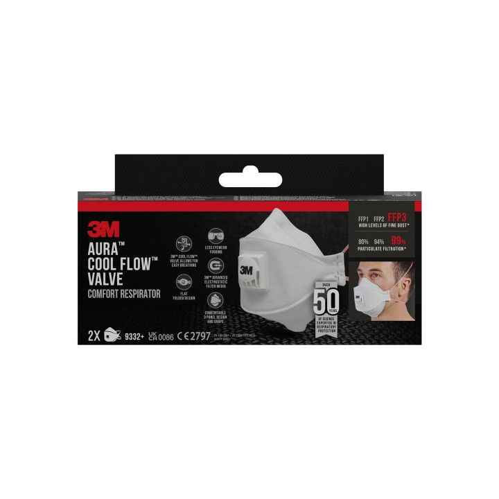 3M Aura Comfort Cool Flow Pack de 2 Mascarillas para Particulas FFP3 - Desechable - con Valvula - para Altos Niveles de Particu