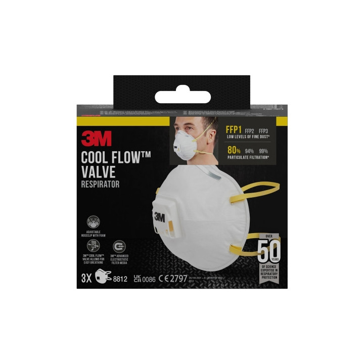 3M Cool Flow Pack de 3 Mascarillas para Particulas FFP1 - Desechable - con Valvula - para Niveles Bajos de Particulas - Color B