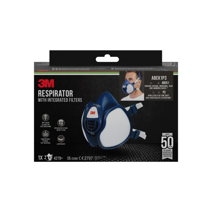 3M Mascarilla de Media Cara - Filtros Integrados - Proteccion Combinada - Reutilizable - Color Azul/Blanco