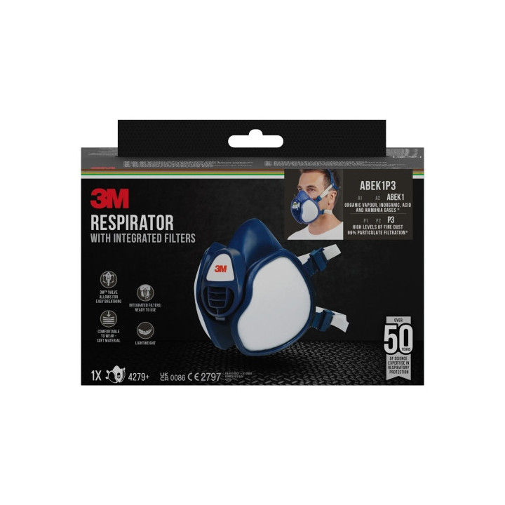 3M Mascarilla de Media Cara - Filtros Integrados - Proteccion Combinada - Reutilizable - Color Azul/Blanco