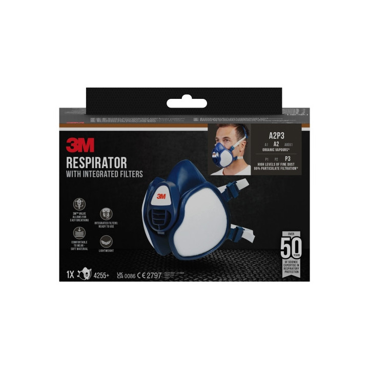 3M Mascarilla de Media Cara - Filtros Integrados - Proteccion Contra Vapores Organicos - Reutilizable - Color Blanco/Azul