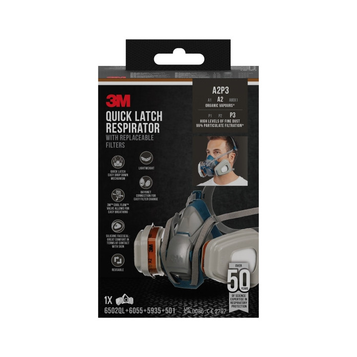 3M Mascarilla de Media Cara - Cierre Rapido - Filtros Reemplazables - Color Gris