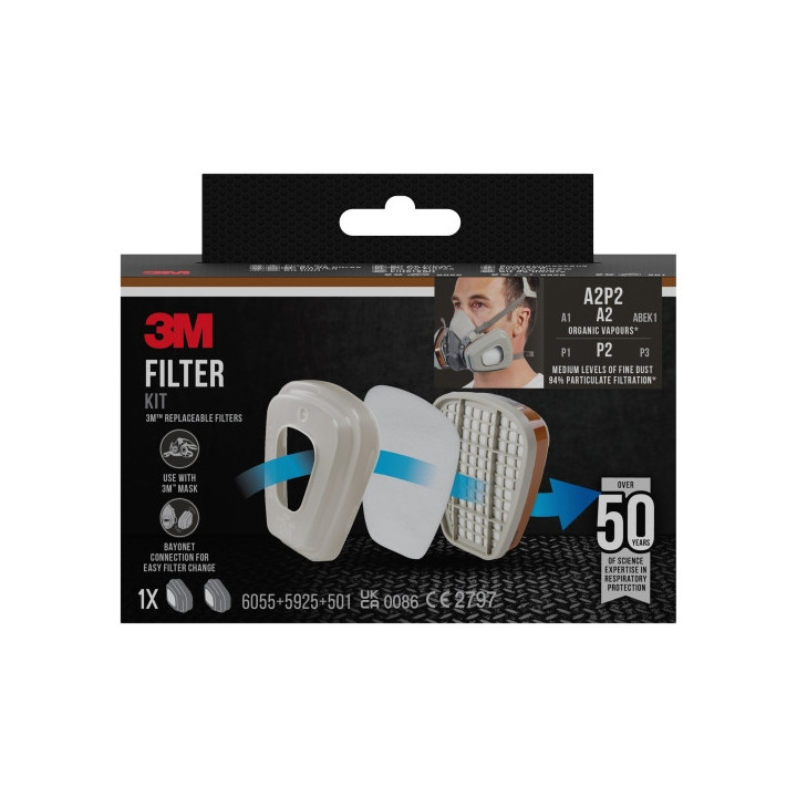 3M Filtros de Repuesto para Mascara de Media Cara - Proteccion Contra Vapores Organicos A2 - Proteccion Contra Nivel Medio de P