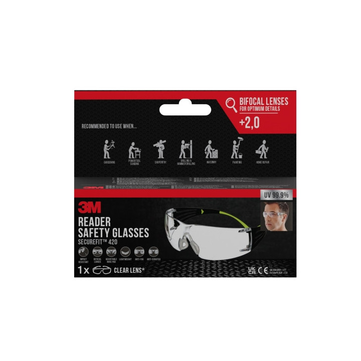 3M Securefit Gafas de Seguridad Graduadas - Bifocales - +2.0 Dioptrias - Antivaho - Antirrayaduras - Lente Incolora - Proteccio