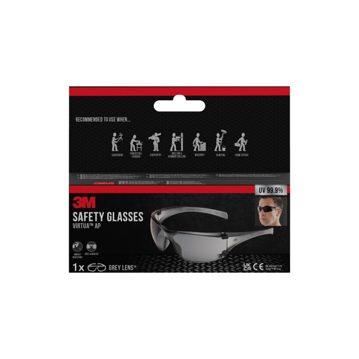 3M Virtua AP Gafas de Seguridad - Lentes Oscurecidas - Antirrayaduras - Antivaho - Proteccion UV - Color Gris