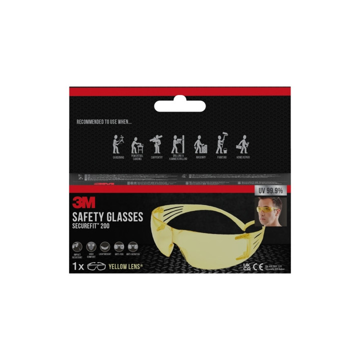 3M Securefit Gafas de Seguridad - Lentes Amarillas - Mejor Contraste en Poca Luz - Antivaho - Antirrayaduras - Proteccion UV -