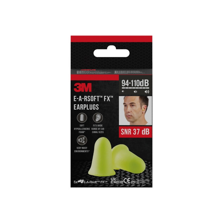 3M E-A-Rsoft Fx Pack de 10 Tapones para Oidos - Espuma de Poliuretano Suave - SNR 37dB - 5 Pares - Color Amarillo