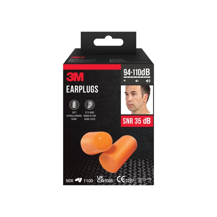 3M Pack de 100 Tapones para Oidos - Espuma Suave - SNR 35dB - 50 Pares - Color Naranja