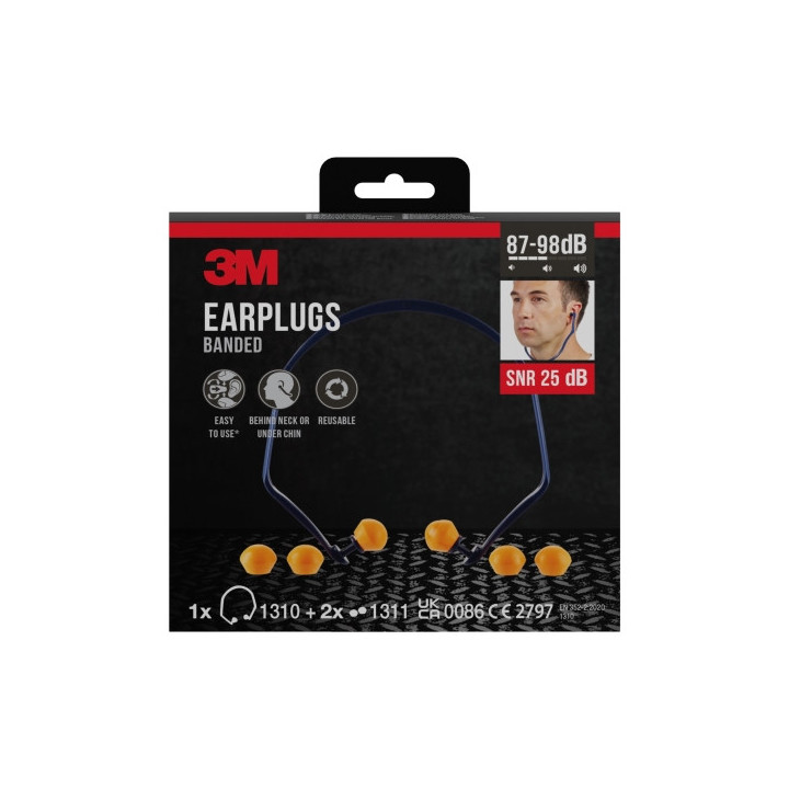 3M Tapones para Oidos con Banda - SNR hasta 25dB - 1 Par de Tapones Premontado - 2 Pares de Tapones de Repuesto - Color Naranja