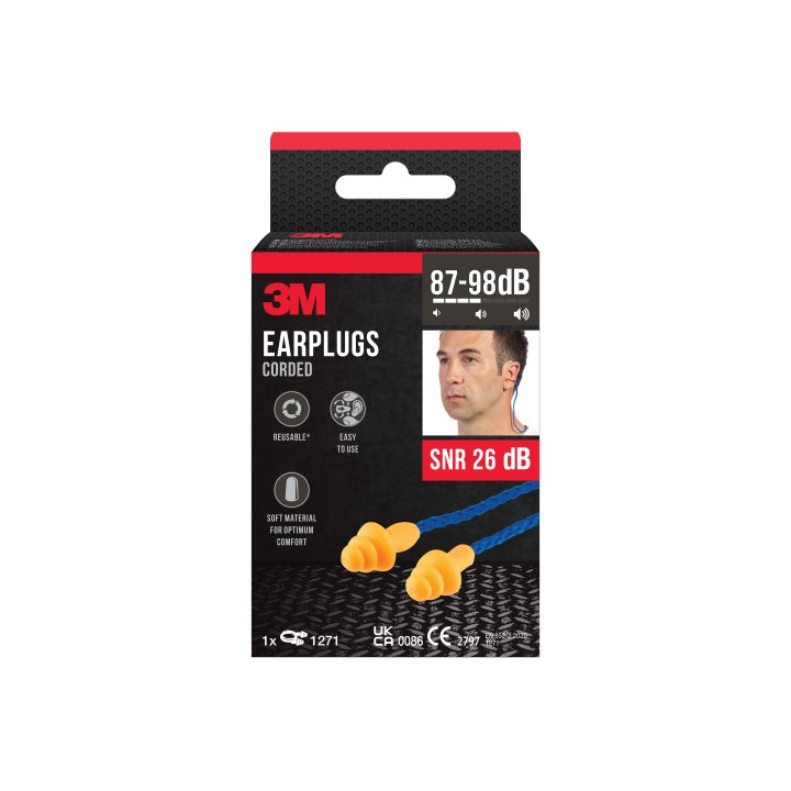 3M Tapones para Oidos con Cordon - Forma de Tres Anillos - Reutilizables - Lavables - SNR 26dB - Color Naranja